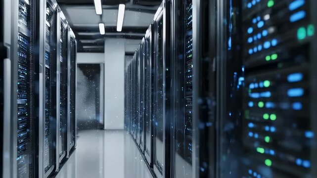 Server room corridor, glowing lights, data center equipment in a line
