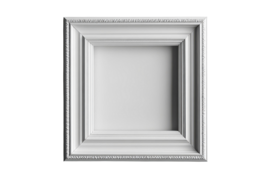 Elegant white picture frame with intricate detailing for displaying art and cherished memories beautifully on transparent background