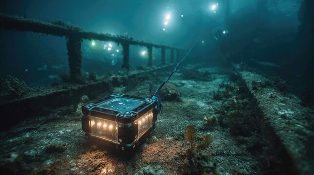 Explore a sunken world with vibrant underwater lighting, illuminating the depths of a submerged shipwreck and revealing the mysteries of the ocean floor for adventurous exploration