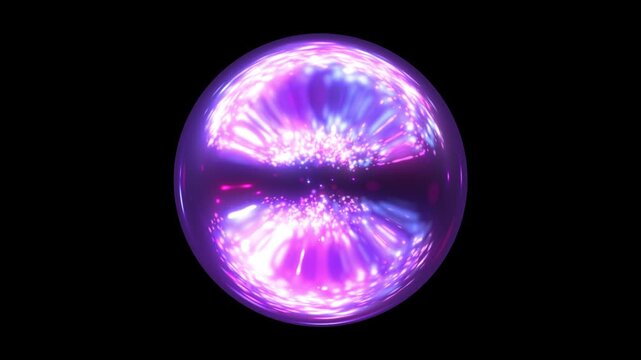 An abstract circular sphere of glittering pink and blue magical glow particles against a dark background, an energetic ball of bright dots, and a moving spherical ball. Seamless 4K looping video.