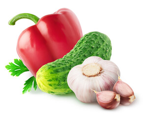 Garlic with two segments, bell pepper, cucumber, parsley leaves isolated on white background