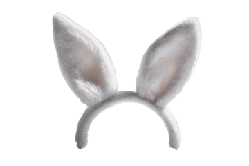 Pair of plush, fluffy white bunny ears attached to a headband, isolated on a transparent background