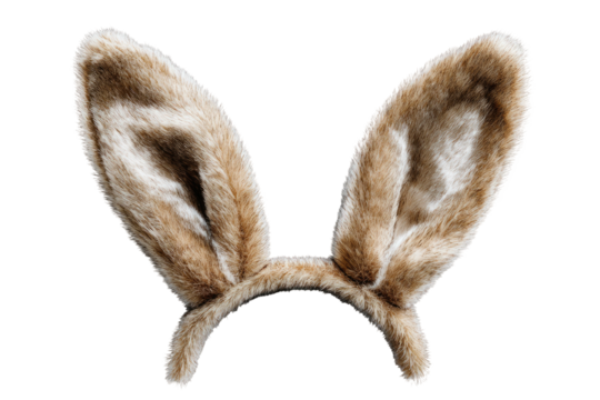 A fluffy headband with two upright, soft, realistic bunny ears, against a black background