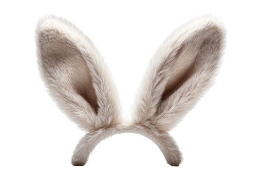 A fluffy, white headband featuring two upright, furry rabbit ears. Isolated on black background