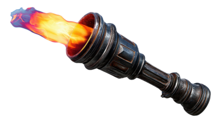 Detailed rendering of a medieval style torch, emitting bright flames against a transparent background
