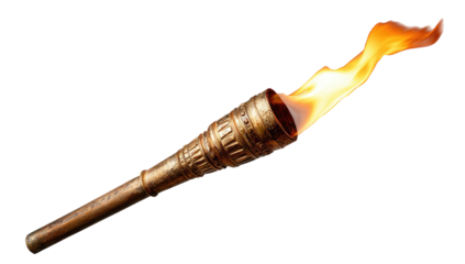 A glowing torch with detailed bronze-like handle, dancing flame against a black background