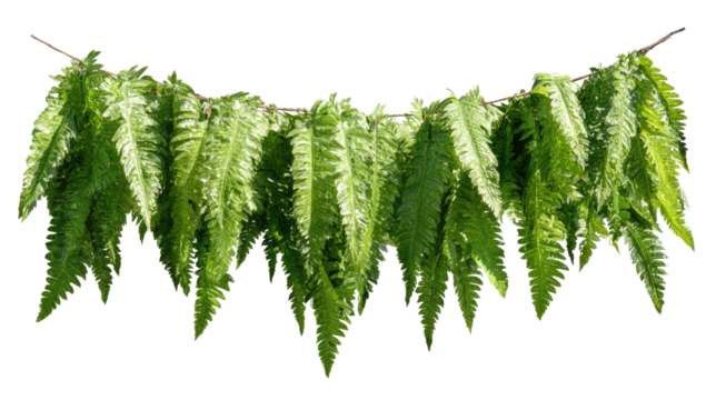 A decorative string of vibrant green leaves, neatly arranged and dangling from a thin twig