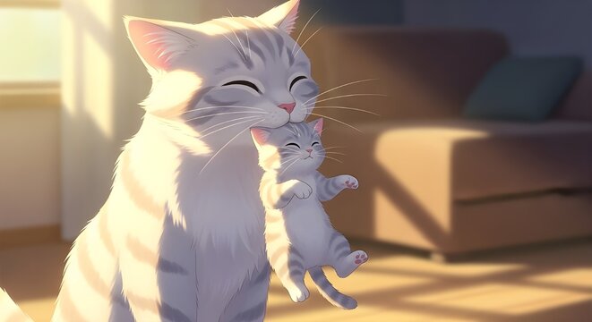 cat Induk Kucing Menggendong Anak Kucingnya di Ruang Tamu yang Nyaman.