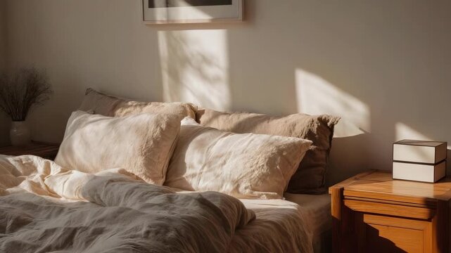 Sunlit bedroom with a rumpled bed, cream pillows, and a wooden nightstand; soft afternoon light casts shadows on the wall.