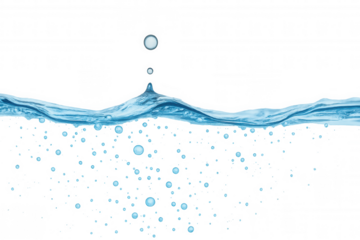 Water surface with ripples, drop falling, and air bubbles on transparent background, symbolizing purity and freshness