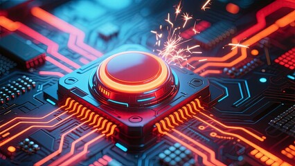a futuristic glowing cybernetic button on a high tech digital circuit board illuminated background 3d render
