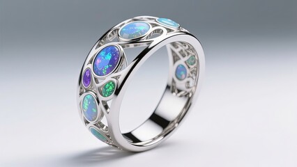 Elegant Silver Ring with Intricate Floral Engraving Details, Ideal for Wedding or Anniversary Celebration.3d render