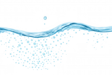 Blue water wave with air bubbles and a single droplet. Transparent liquid border showing refreshing motion