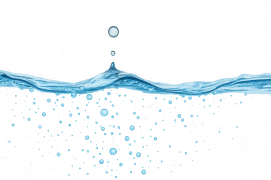 Water surface with ripples, drop falling, and air bubbles on transparent background, symbolizing purity and freshness - Powered by Adobe