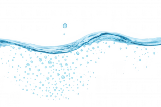 Blue water wave with air bubbles and a single droplet. Transparent liquid border showing refreshing motion