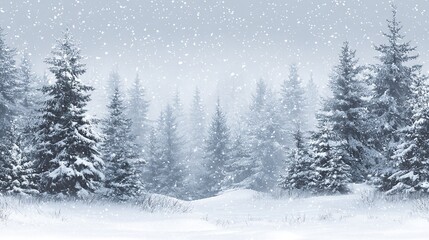 A snowy background with falling snowflakes and pine branches, suitable for displaying winter scenes. Features include snow-covered landscapes and falling snowflakes.