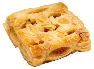 Almond pastry Isolate on white background with clipping path. Flaky golden puff pastry topped with sliced almonds and sugar crystals, delicious sweet bakery dessert.PNG File.