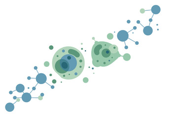 Abstract scientific illustration depicting interconnected blue molecular structures and green cellular forms with internal elements.