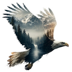 Double exposure eagle and forest landscape illustration