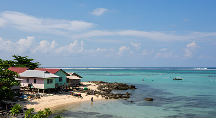 Vibrant houses on stilts overlook a serene tropical beach with crystal-clear turquoise waters, offering a picturesque and tranquil island escape under a bright sunny sky