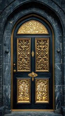 Obraz premium Ornate dark-hued door with golden carvings