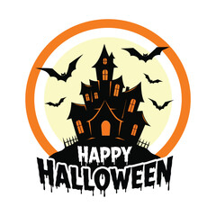 Happy Halloween vector illustration with spooky haunted house silhouette, flying bats, and full moon for holiday greeting card or party invitation, T-shirt design