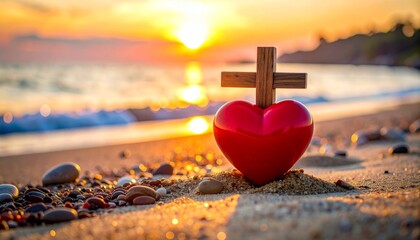 Wooden cross and red heart on sandy beach at sunset with gentle waves