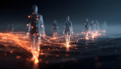 Futuristic concept of digital humans connected through glowing network lines