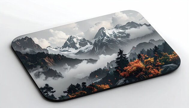 Landscape illustration on a rectangular mousepad showcases towering, snow-capped mountain peaks shrouded in atmospheric mist.