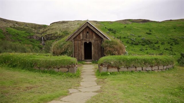 Viking Turf House with Stone Path