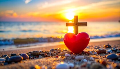 Wooden cross and red heart on sandy beach at sunset with gentle waves