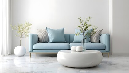 A bright and cozy living room with a soft-colored sofa in the center
