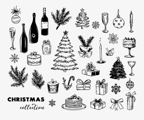 Hand drawn decorative christmas trees and holiday elements collection for festive design