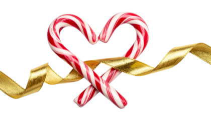 Candy cane twisted into heart shape with gold ribbons, isolated on transparent background, modern romantic Christmas symbol