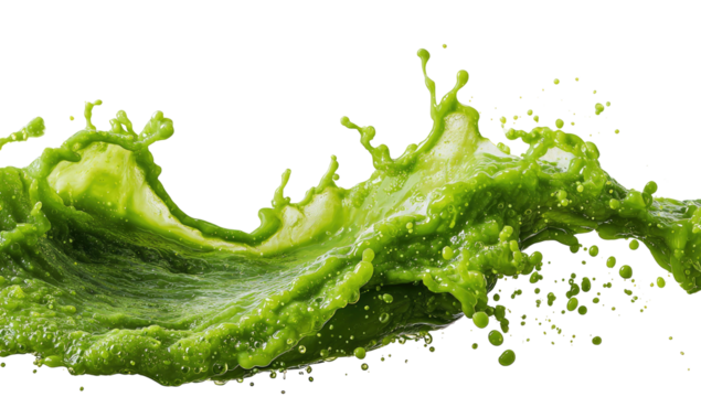 Dynamic image showcasing a vibrant, green liquid splash, isolated against a black background - Powered by Adobe