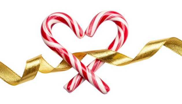 Candy cane twisted into heart shape with gold ribbons, isolated on transparent background, modern romantic Christmas symbol
