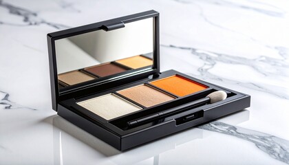 Warm-toned eyeshadow palette with mirror and sponge applicator on marble surface