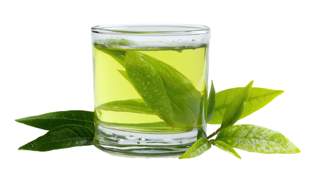 A glass of clear, bright green tea with fresh leaves arranged artfully