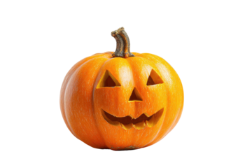 A festive, carved orange fruit with a cheerful face on a solid black background