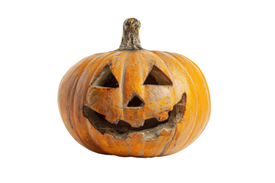 A carved pumpkin with a smiling face, viewed from a slight angle against a black backdrop