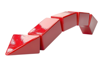 Red geometric snake shape formed by connected triangular prisms on transparent background