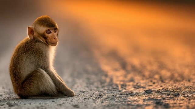 Vervet Monkey Sitting on Red Dirt Road, Looking at Camera with Bright Orange Background