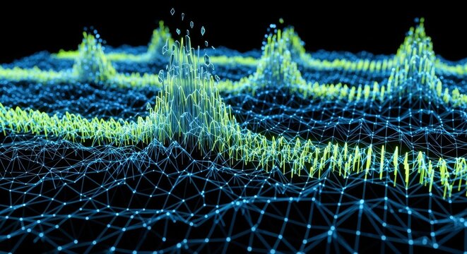 Visualization of complex data waves on a glowing interconnected network structure