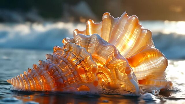 Sunny beach seashell. A stunning seashell rests on wet sand, illuminated by sunlight during a calm afternoon at the beach.