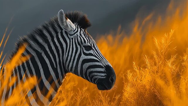 Majestic Zebra Portrait in Golden Savanna Grass at Sunset , Wildlife and Nature