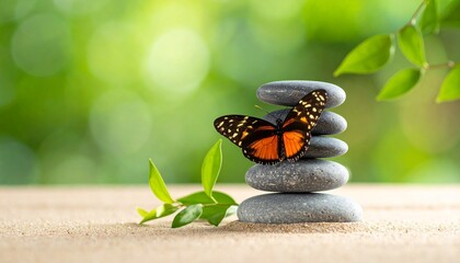 Butterfly on stacked gray stones with green leaves and sandy surface