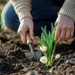Planting white spring flowers in garden soil
