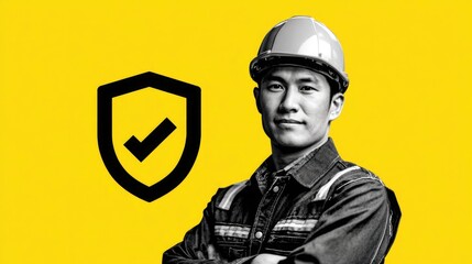 Confident construction worker with safety shield icon, representing industrial security and reliable project completion with pride on a vibrant yellow background.