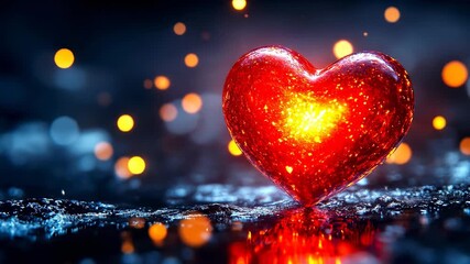 Glowing red heart at night. A bright red heart resting on a dark surface, surrounded by glowing lights that create a festive mood. - Powered by Adobe