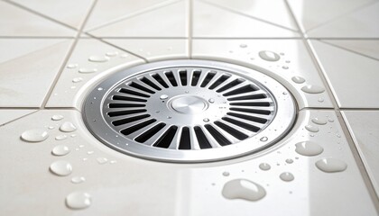 Metal drain with radial design and water droplets on tiled surface